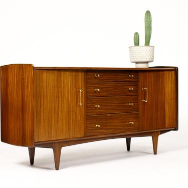 Danish Modern / Mid Century Mahogany Credenza / Sideboard by Younger — Bow Front — Brass Pulls 