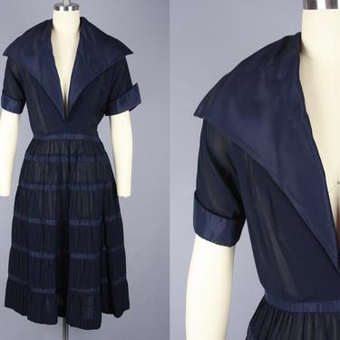 1950s Rayon Dress with Deep Neckline | Vintage 50s Dark Blue Fit and Flare Dress | medium 