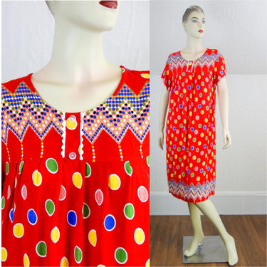 Vintage colorful baby doll dress with red polka dot print, lightweight cute and innocent girly tent tunic or knee length shift Lolita style 