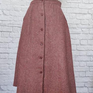 Vintage 80s Wool Skirt // Button Front with Pockets // Pink Wool Tweed 