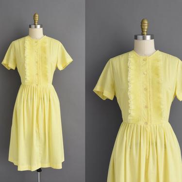 1960s vintage dress | NPC Fashion Butter Yellow Short Sleeve Cotton Full Skirt Shirt Dress | Large | 60s dress 
