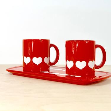 Waechtersbach Red Mugs with White Hearts Germany with Tray 