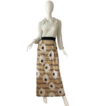 70s Metallic Gold Dress / Psychedelic Flower Lurex Dress / 1970s Party Sheer Evening Dress Medium 