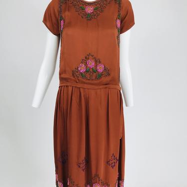 Vintage 1920s copper silk satin beaded flapper dress