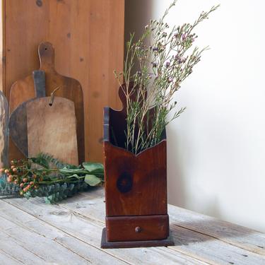 Vintage wall mount candle box with drawer / wooden wall pocket box / wood match box / rustic farmhouse wall box / wooden wall planter 