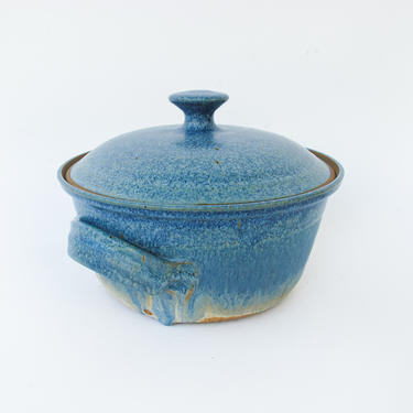 Vintage Hand Made Speckled Blue Ceramic Casserole Dish With Original Lid - Signed &amp;quot;Lenna&amp;quot; 