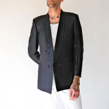 Vintage 80s Bernini Black Silk Stripe Brocade Shawl Neck Double Breasted Blazer | Made in Italy | Silk/Wool | 1980s Designer Smoking Jacket 
