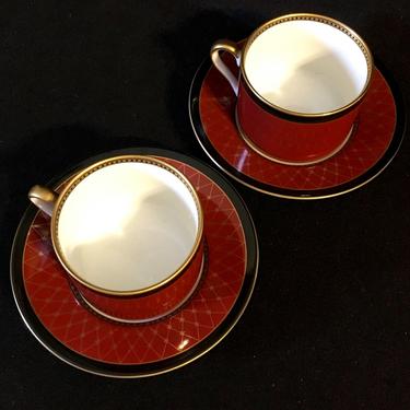Pair of Fitz and Floyd Red Chaumont Pattern Porcelain Coffee Cups and Saucers 