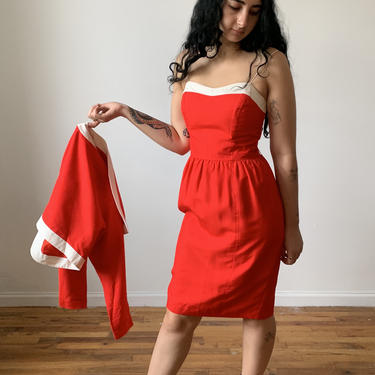 Vintage 80s Red White Silk Dupioni Dress Jacket Set Small Medium 1980's Designer Spaghetti Straps Party Dress Holiday 