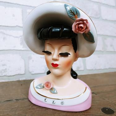 Vintage Pink with Hat Woman's Head Bust Vase 