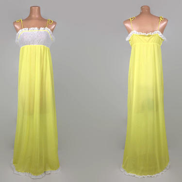 VINTAGE 70s Sunshine Yellow and White Lace Empire Waist Nightgown | 1970s BOHO Cottagecore Prairie Nightgown | Queens Way of Fashion sz M 