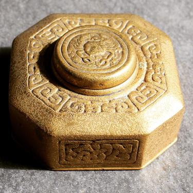 Tiffany Studios Vintage Gold Dore Bronze Zodiac Inkwell with Glass Insert #842 Signed 