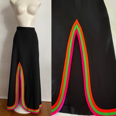 Vintage 60s 70s Ultra MOD Maxi Skirt • Psychedelic Geometric Neon Pink Orange Green Stripes on Black • Disco Clubbing Hippie Chic Couture • 