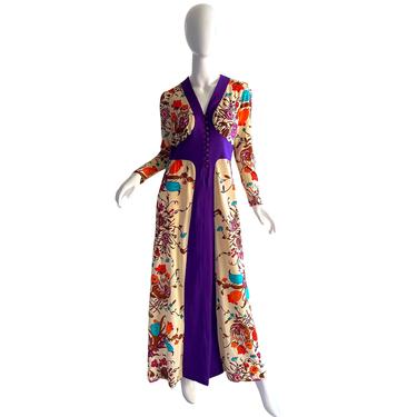70s Butterflies Psychedelic Dress / Vintage Novelty Print Maxi Dress / 1970s Floral Bouquet Dress Medium 