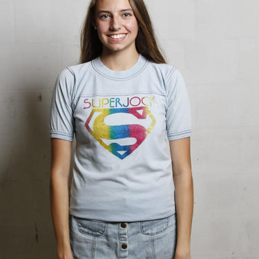 Vintage early 80's Super Jock Glittery Superman Style T Shirt Rare! Soft! S 
