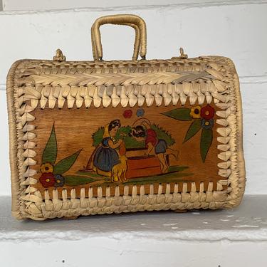 Super Cute 1940s Hand Painted Summer Basket Purse Vintage Large Hand Bag 