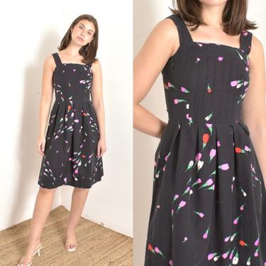 Vintage 1980s Dress / 80s Malia Rosebud Print Cotton Sundress / Black ( XS extra small ) 