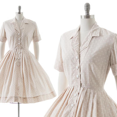 Vintage 1950s Shirt Dress | 50s Polka Dot Cotton Cream Full Skirt Fit and Flare Shirtwaist Day Dress (medium) 