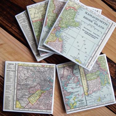 1909 Massachusetts &amp; Rhode Island Handmade Repurposed Vintage Map Coasters Set of 6 - Ceramic Tile - Repurposed 1900s Hammond Atlas 