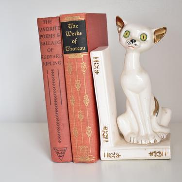 Kitty Cat Ceramic Bookend | Shiny Siamese or Similar Kitten w/ Yellow Green Eyes Sitting on Books | Kitsch Kitty Office Shelf Decor 