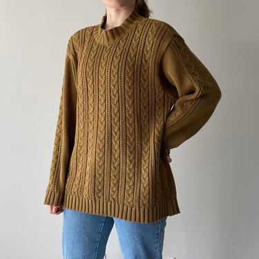 Vintage 90's Olive Brown Wainscott Cotton Cable Knit Oversized Sweater, Size L 