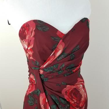 Vintage 1990's Rose Print Dress / 80s Cocktail Wiggle Dress S/M 