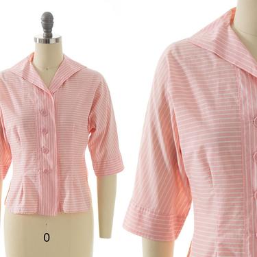 Vintage 1950s Blouse | 50s Striped Cotton Pastel Light Pink Three Quarter Sleeve Button Up Shirt (x-small) 