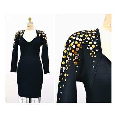 80s 90s Vintage Black Dress Tadashi Knit Studded Dress Metal Studs Small// Black Knit Studded Dress By Tadashi Small Long Sleeve BodyCon 