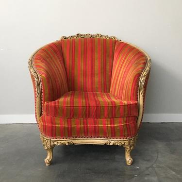 vintage red + gold striped velvet arm chair