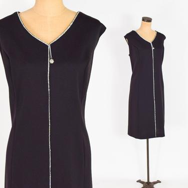 1960s Black Rhinestone Party Dress | 60s Black Knit Polyester Shift | Mod Dress | Medium 