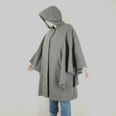 Vintage 1990s Ash Gray Hooded Cape ~ Womens Large XL Vintage Clothing ~ Knee Length Button Front Wool Cape Cloak 