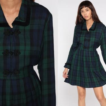 90s Plaid Dress Mini Dress Frog Closure Buttons Collared GRUNGE Checkered Print Long Sleeve 1990s Vintage High Waist Blue Green Large 