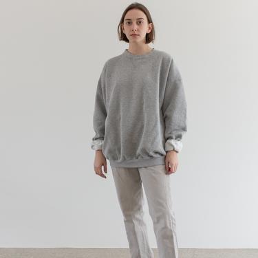 Vintage 90s Heather Grey [Navy Blue] Sweatshirt | Heavyweight Blank Gray Cozy Fleece V stitch Sweat | Made in USA | L XL | 