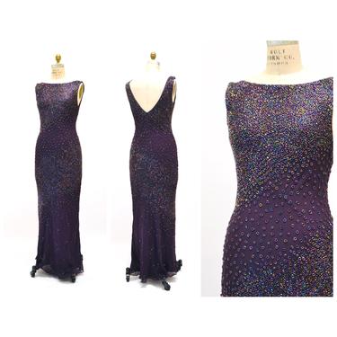 Vintage 90s 2000s Y2K Silk Bias Cut Evening Gown Dress Purple Beaded Bias Cut Dress Silk Chiffon Evening gown Dress Medium Large Silk Shawl 