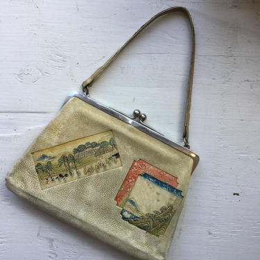 Nippon leather handbag | Vintage embossed leather purse | 1940's bag embossed with Japanese scenes 