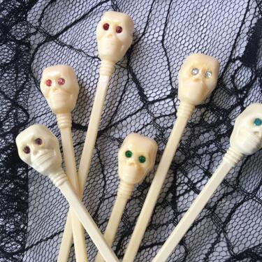 Vintage Skull Swizzle Sticks, Halloween Skeleton Stirs, Barware, Halloween Party, Rhinestone Eyes, Skull On Femur Bone, Cocktail Drink Stirs 