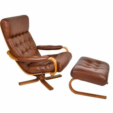 Vintage Mid-Century Modern Bentwood Leather Lounge Chair Recliner with Ottoman 