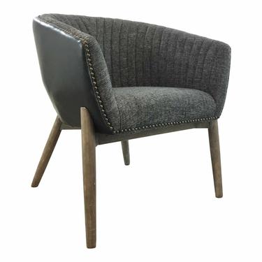 Modern Charcoal Leather and and Gray Tone Tweed Barrel Back Lounge Chair