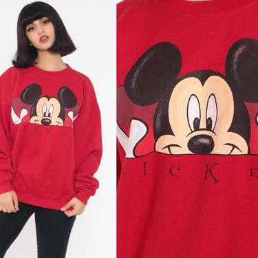 Mickey Mouse Sweatshirt Walt Disney Sweater 90s Grunge Shirt Red Cartoon 1990s Vintage Oversize Slouchy Medium 