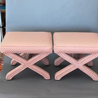 Pair Vintage MCM Pink Upholstered X-Base Benches Ottomans 