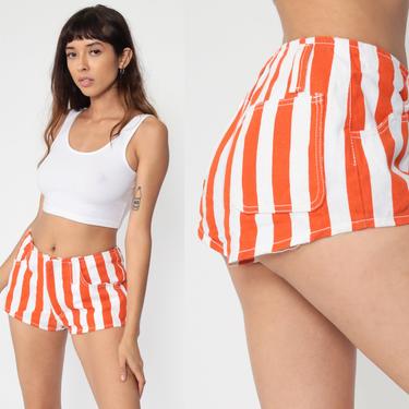Striped Jean Shorts 80s Orange White Denim Shorts Hotpants Mid Rise Waist Vintage Summer Shorts Hot Pants 1980s Streetwear Small Medium xs 