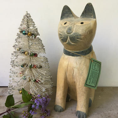 Vintage Wooden Cat, Seated Wood Cat, Hand Carved And Painted, Mizzi Creations, Coronado California 