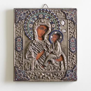 Antique Religious Baroque Enameled Hand Hammered Icon Virgin Mary Infant Monastery Mosaic of Annunciation Madonna The Jesus Italian Art 