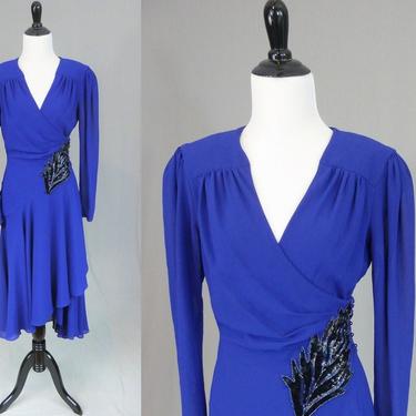 80s Purple Wrap Dance Dress - Beaded Leaf Applique - Shoulder Pads - Chiffon Drape - Casadei c. 1982 - Vintage 1980s - S 