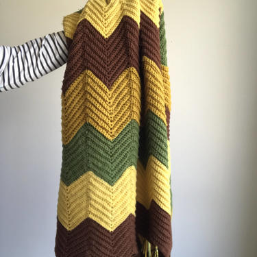 Vintage Zig Zag Brown, Green, and Yellow Afghan Blanket- has holes 
