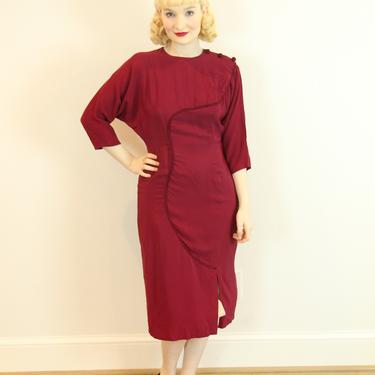 SEXY Vintage 1950s Dress Burgundy Red Rayon with Rope Design Marilyn Monroe Size M L 