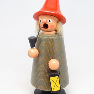 Vintage German Smoker Man with Lantern, Hand Painted Wood for Christmas, Erzgebirge Germany 