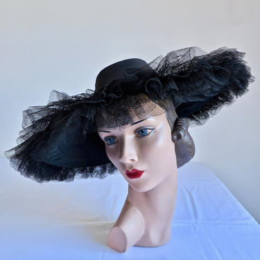 Vintage 1950's Black Silk and Tulle Wide Brim Sun Hat Portrait Picture Formal Kentucky Derby Ascot 50's Millinery 