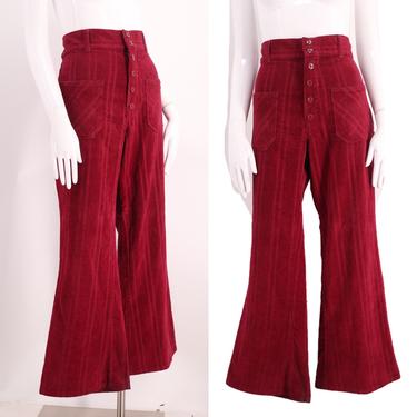 60s velvet high rise bell bottoms pants 35&quot; / vintage 1960s 70s red velour striped flares sz 35 