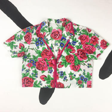 80's 90's cropped rose bolero blazer jacket 1990's pink floral sexy office crop top cover up / pocket square / short sleeve / XXL 12 14 16 